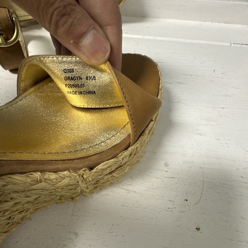 Coach Women's Size 8.5 Tan Leather Espadrille Straw Wedge Platform - Picture 8 of 11